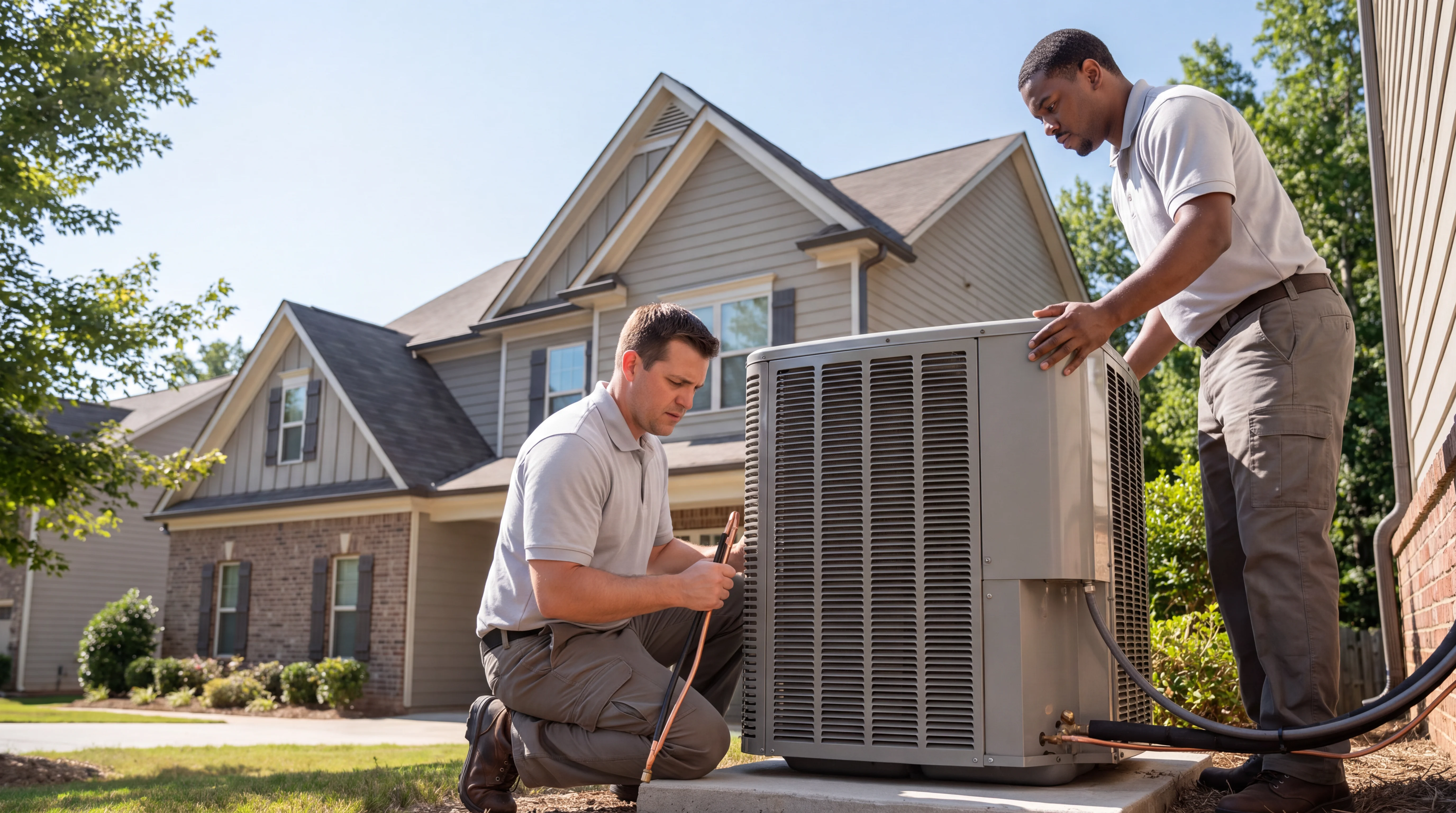 Two air-conditioning technicians servicing an outdoor condenser unit at a metro Atlanta home