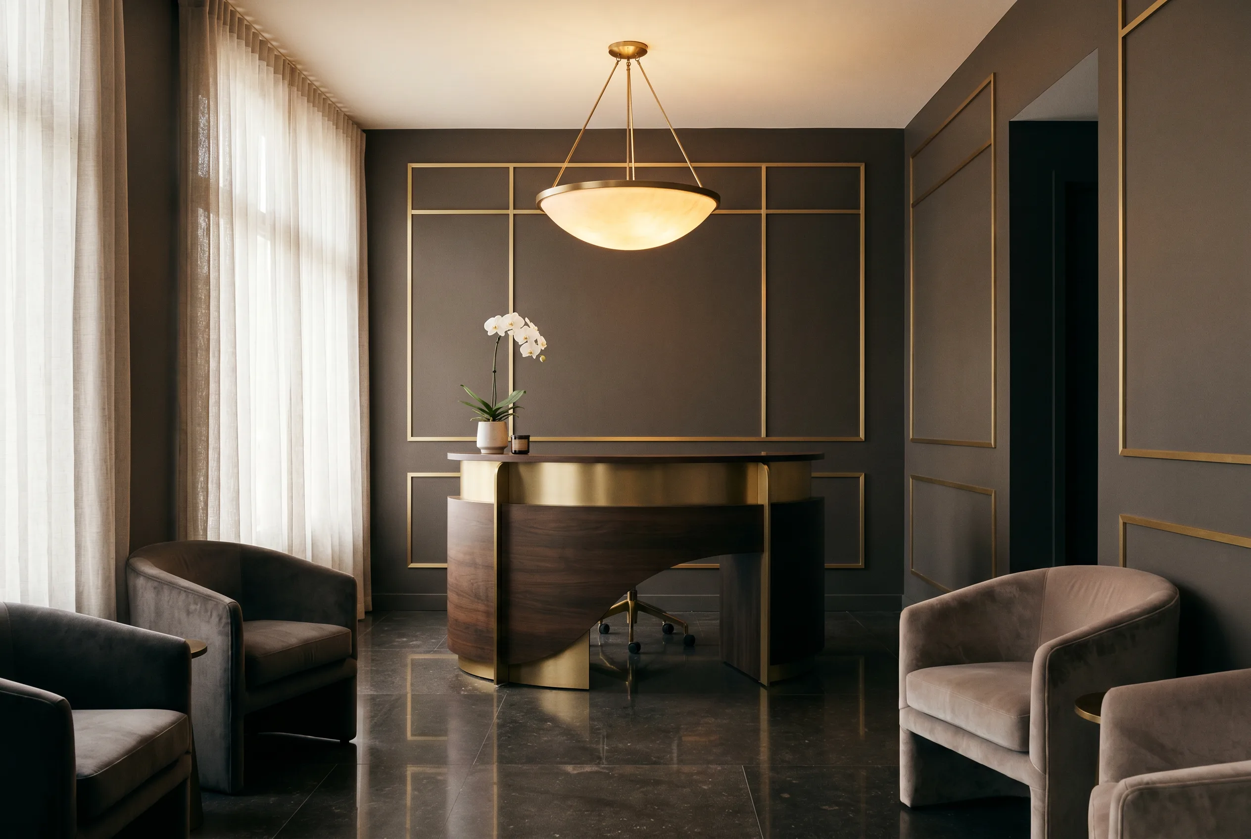 The elegant dark-and-gold interior of Azura Skin Care Center in Cary