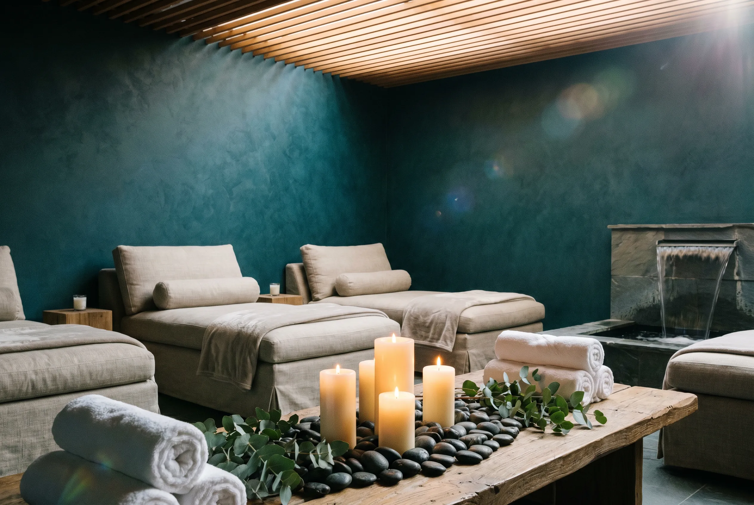 The candlelit relaxation lounge at Balance Day Spa