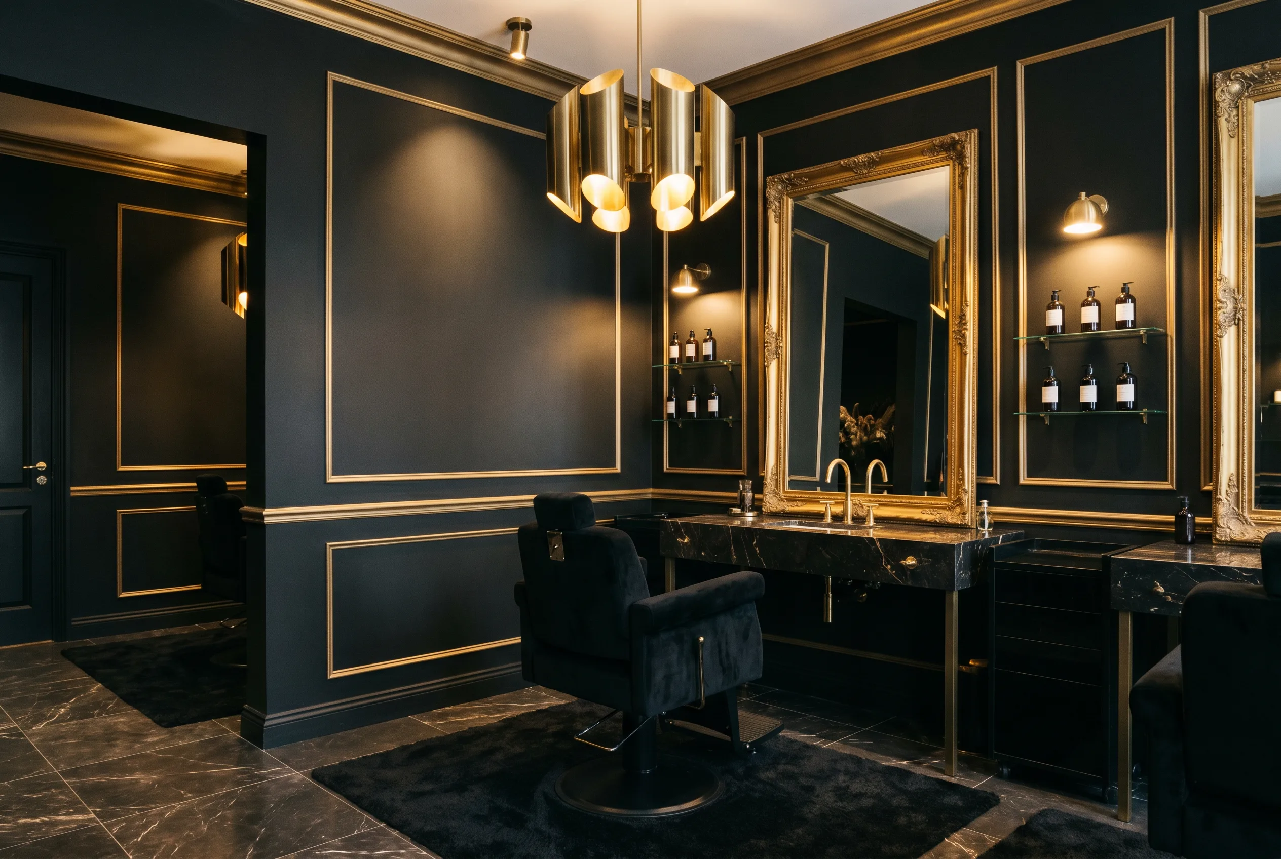 The glamorous black-and-gold interior of Bella G Beauty Studio & Med Spa