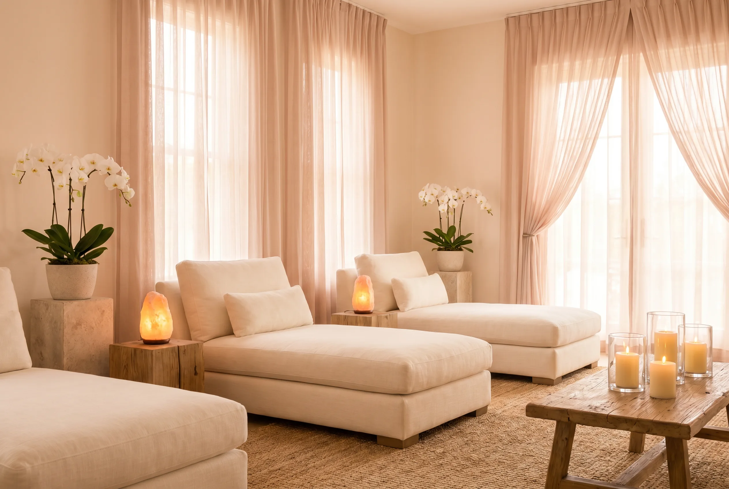 The soft, airy relaxation lounge at Body & Beyond Day Spa