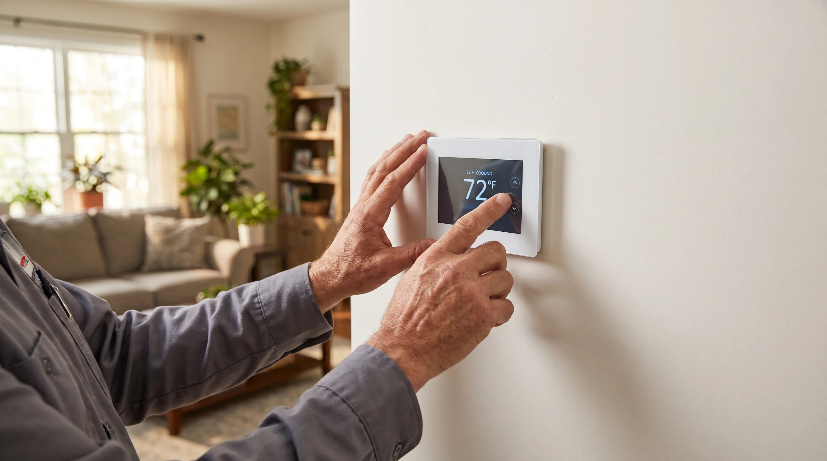 A technician's hand adjusting a modern digital thermostat on an interior wall