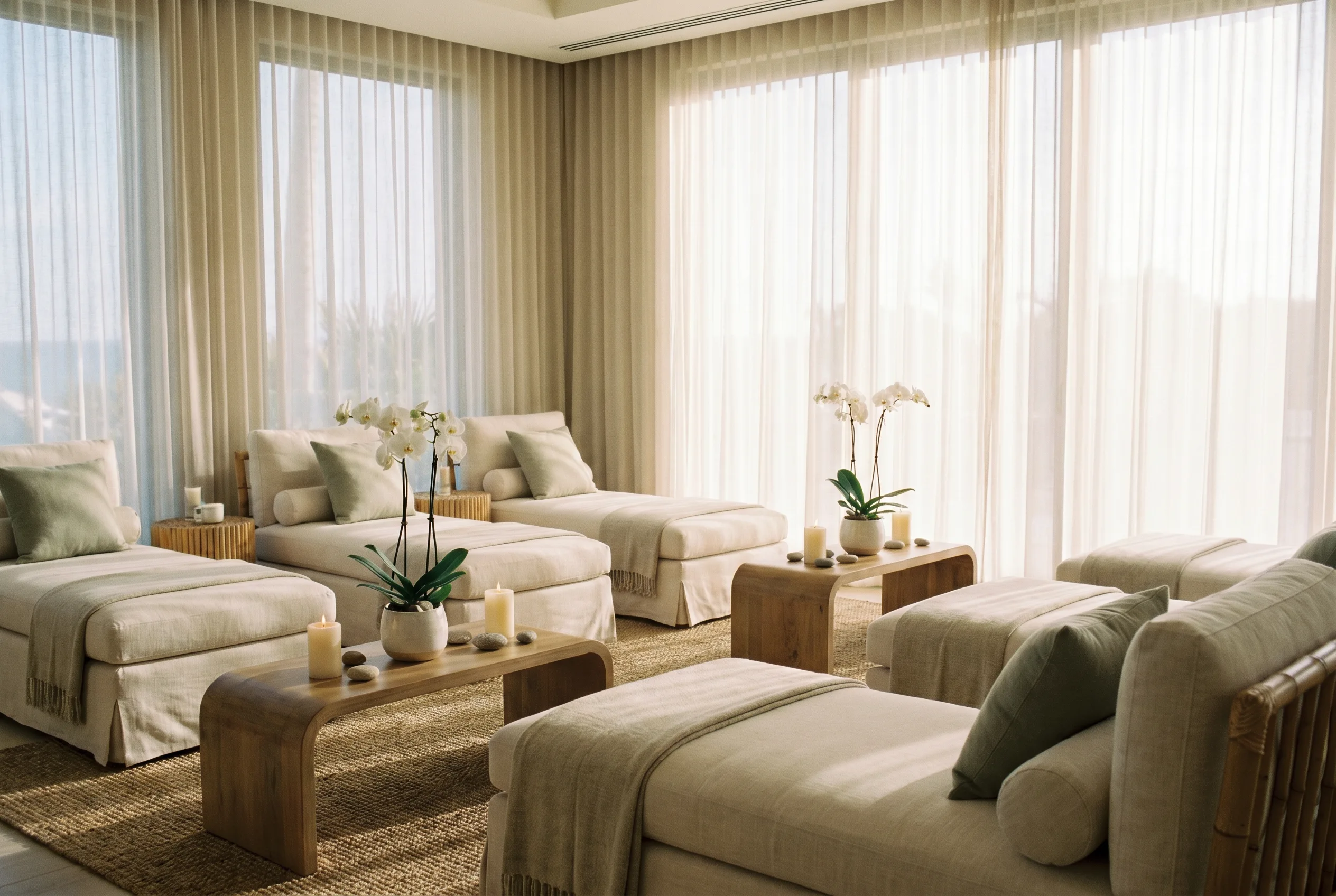 The relaxed, airy relaxation lounge at FACES DaySpa on Hilton Head