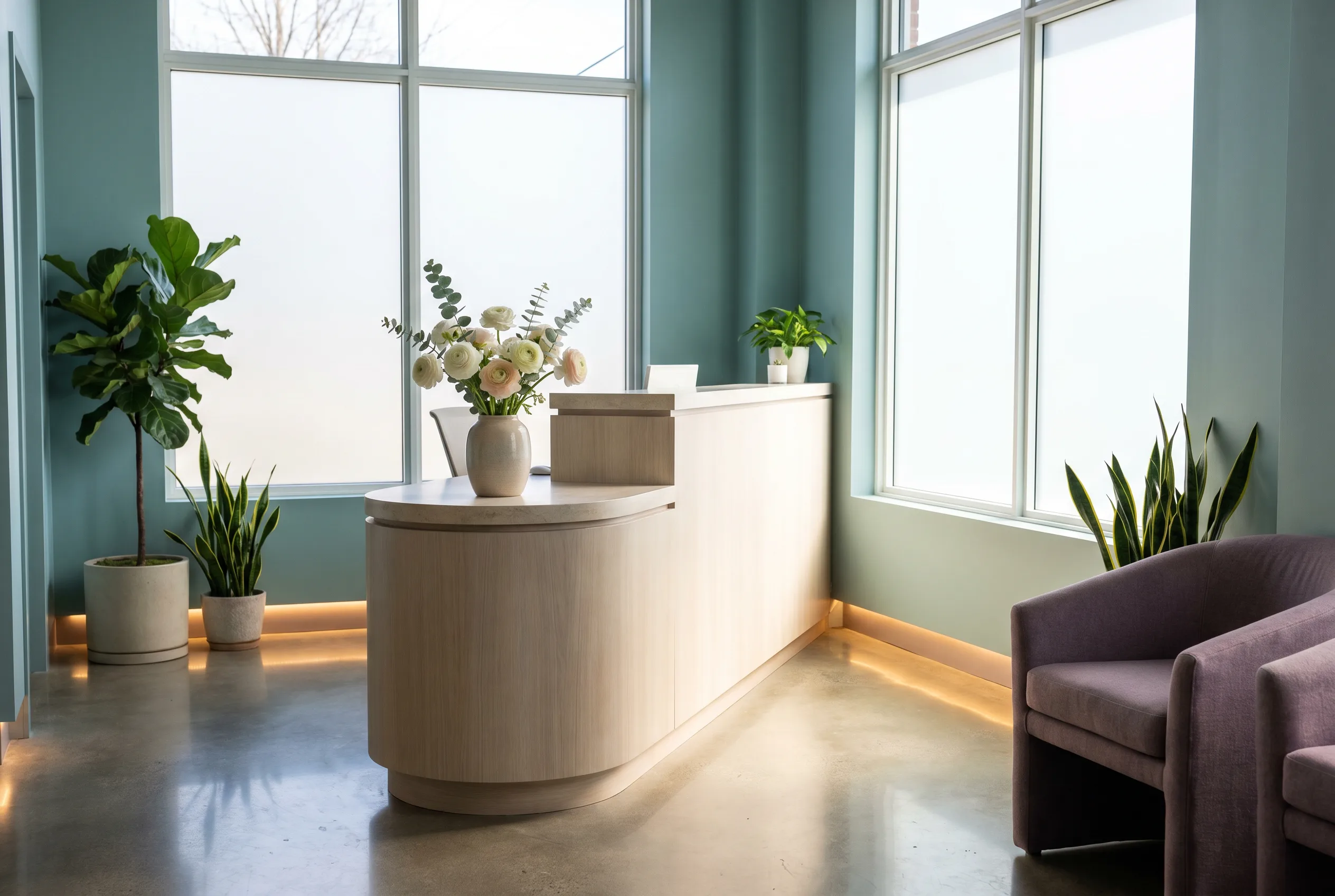 The calm teal-and-purple reception at Galen Healthcare & Aesthetics