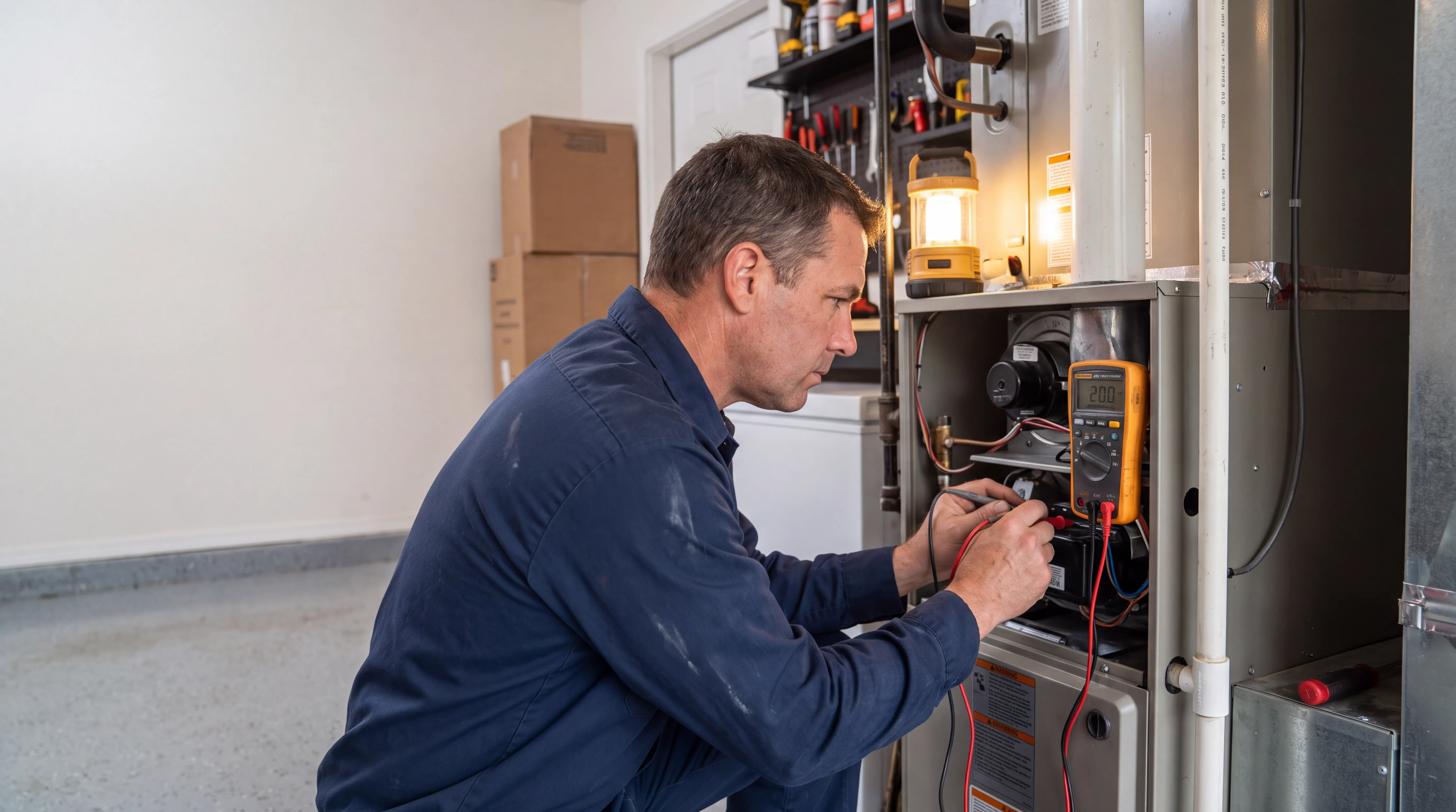 HVAC Guyz technician in navy kneeling to test a home furnace with a digital multimeter