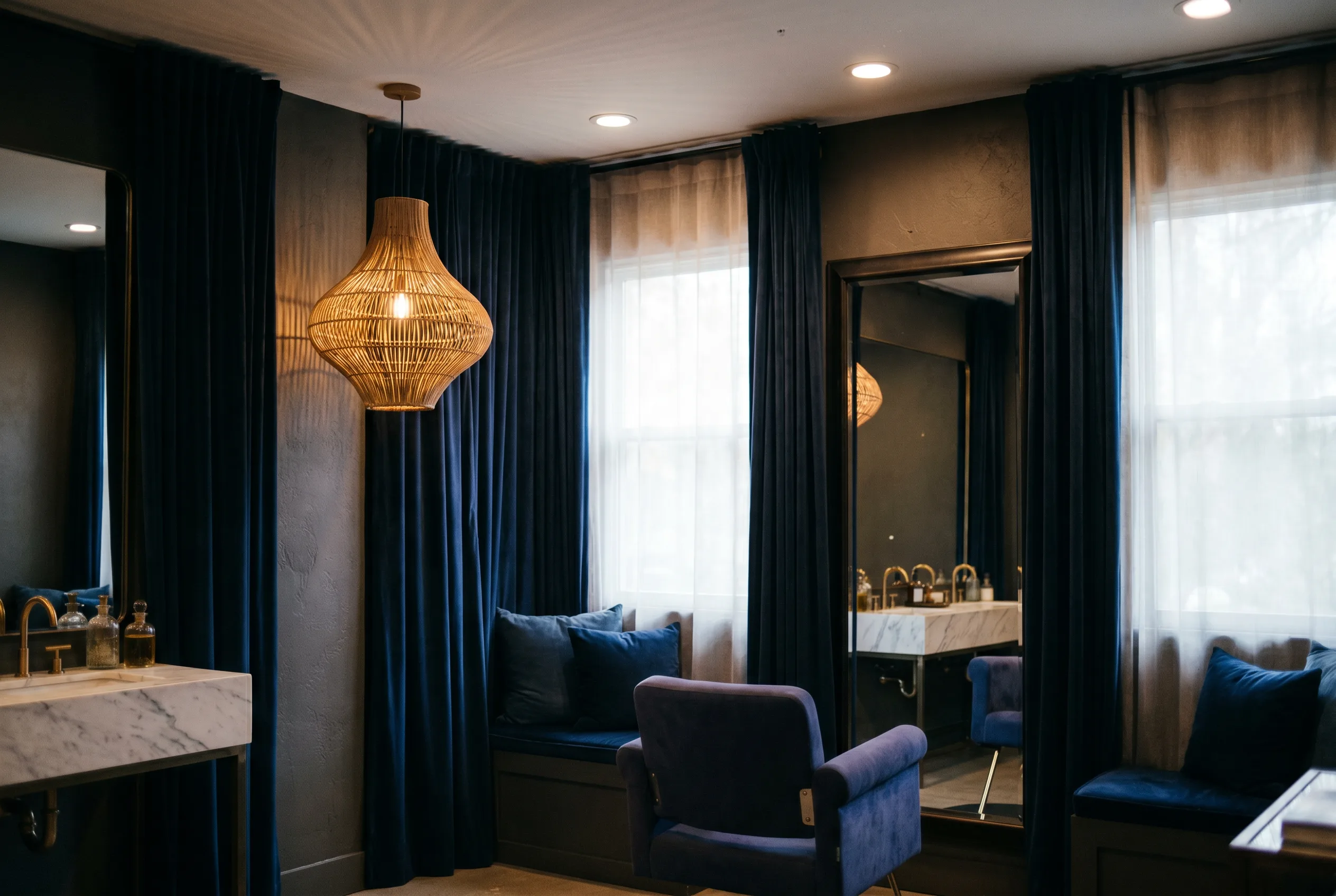 The moody charcoal-and-indigo interior of Indigo Salon and Medical Spa