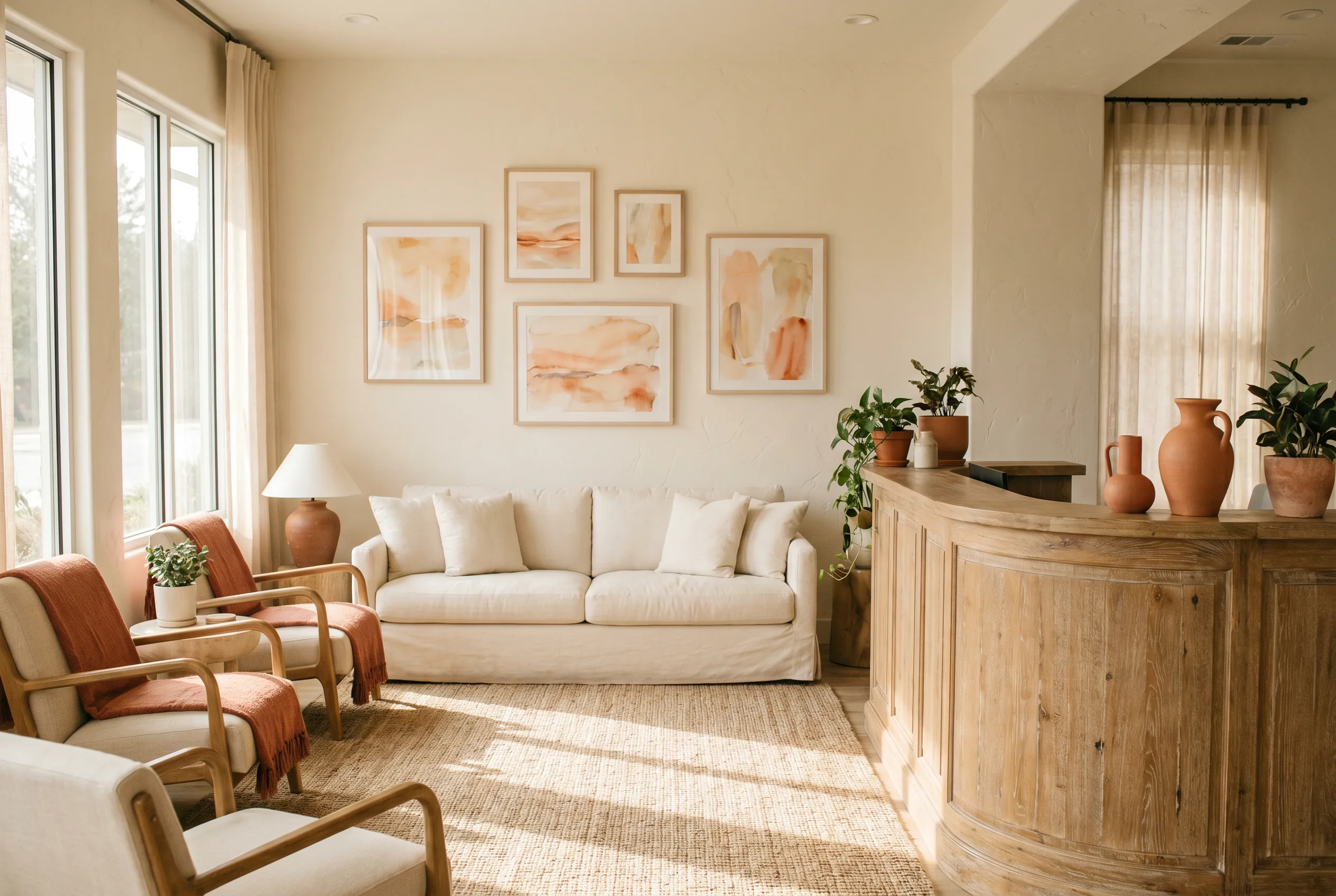 The warm terracotta-and-ivory reception at New South Family Medicine and MedSpa
