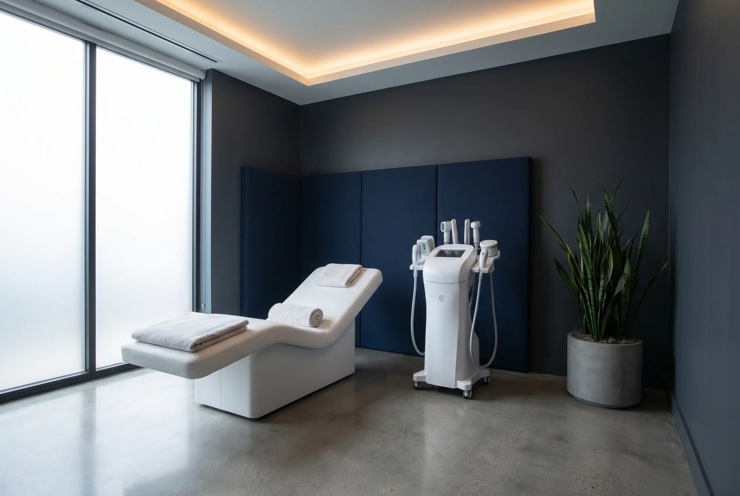 The modern charcoal-and-navy body-contouring studio at NuBody Solutions