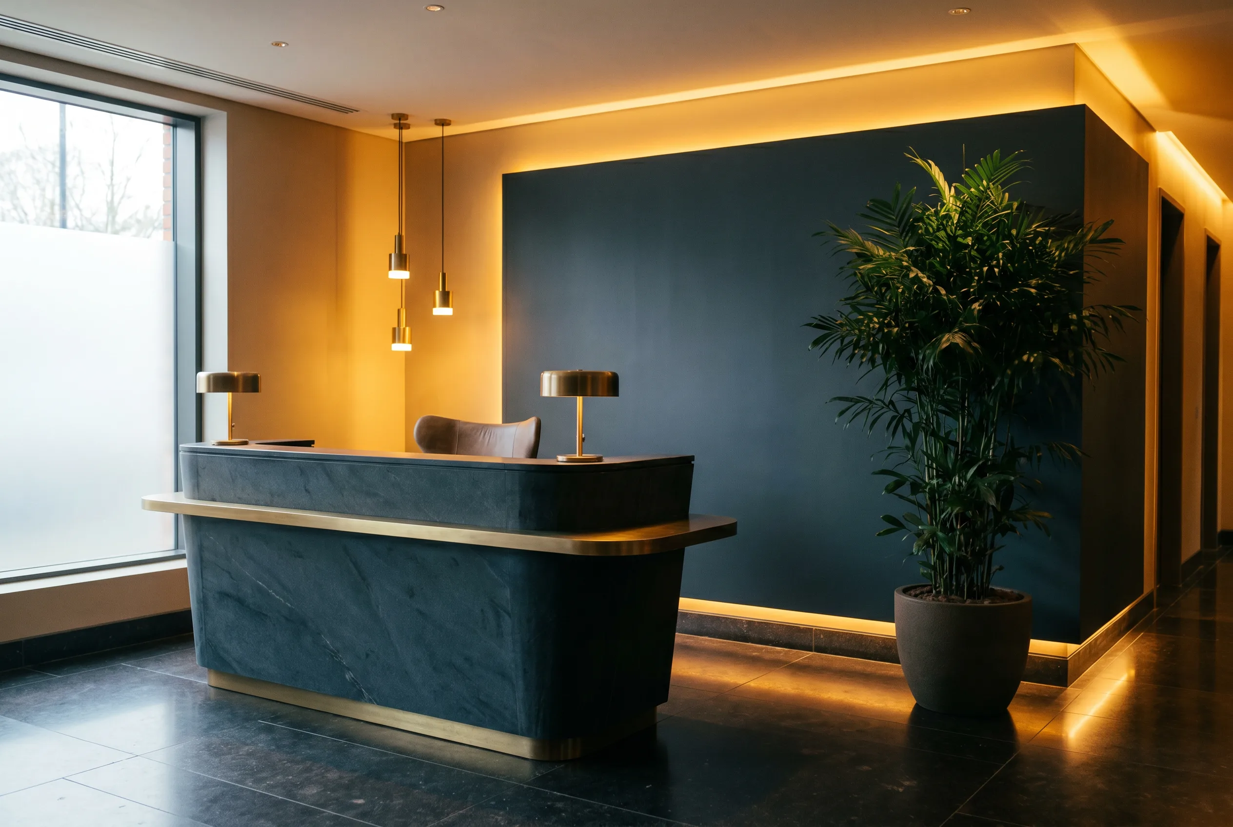 The sophisticated slate-and-amber reception at OptimalSelf MD