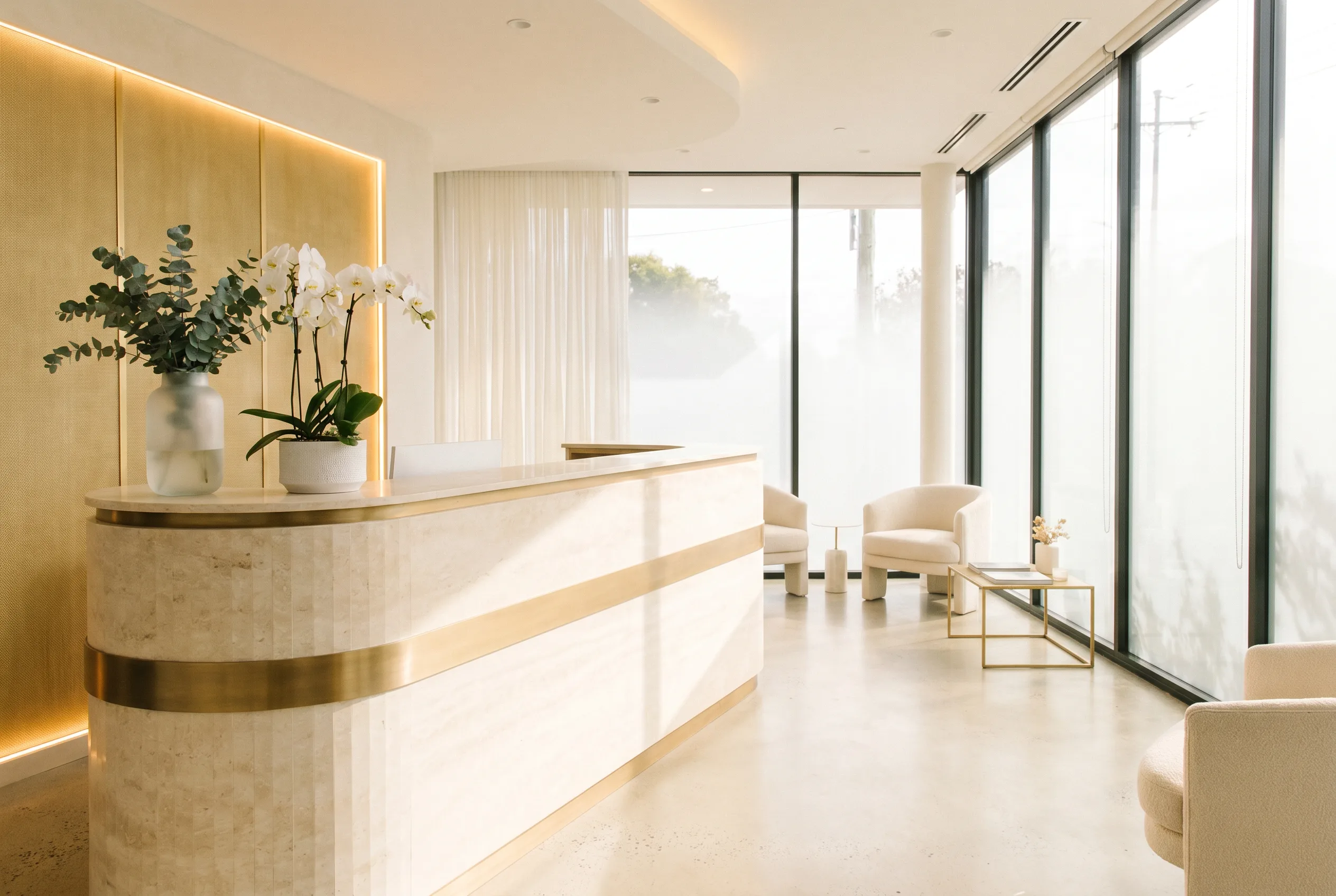 The bright cream-and-gold reception at Physician's Plan