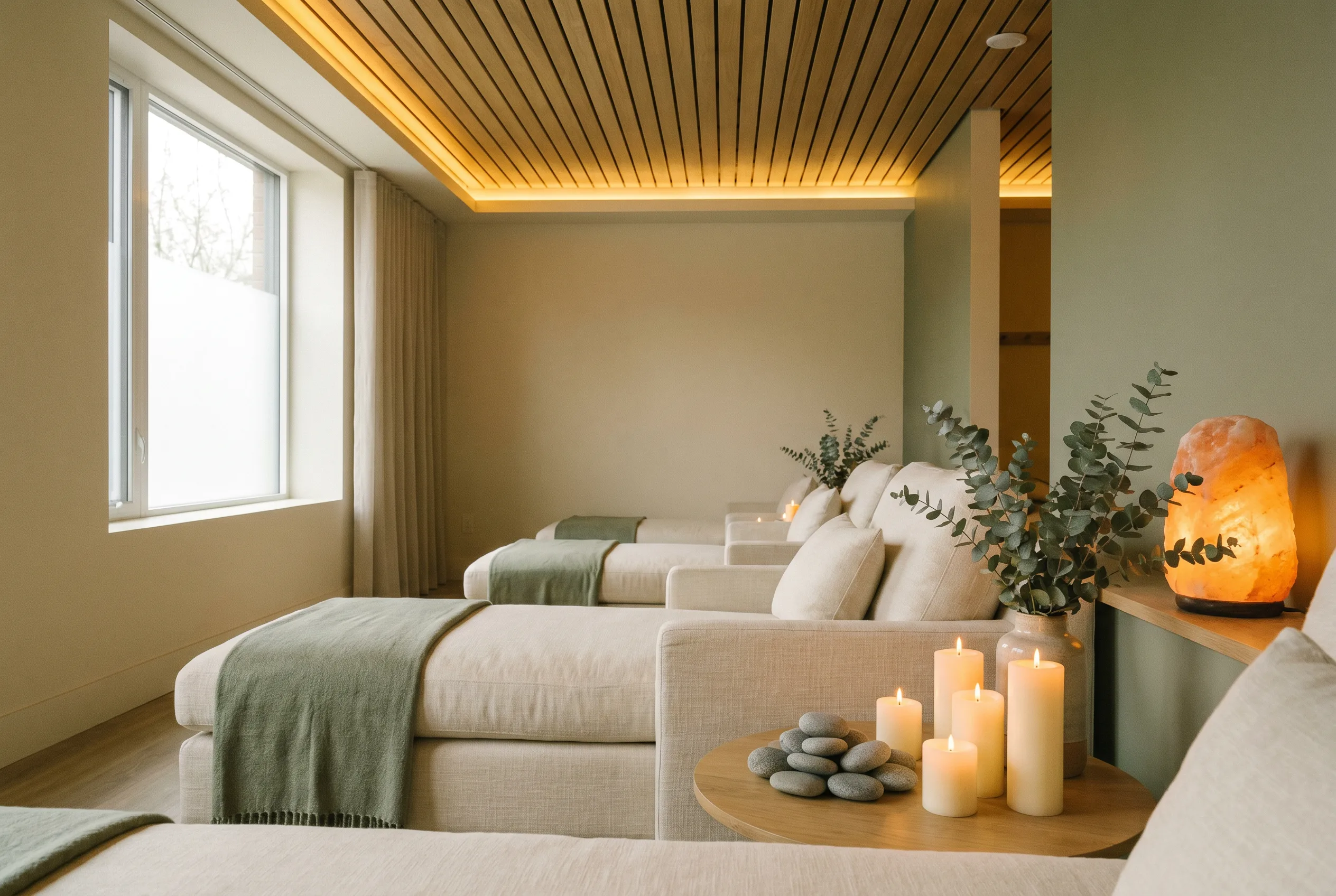 The tranquil sage-and-cream wellness lounge at The Renaissance Day Spa