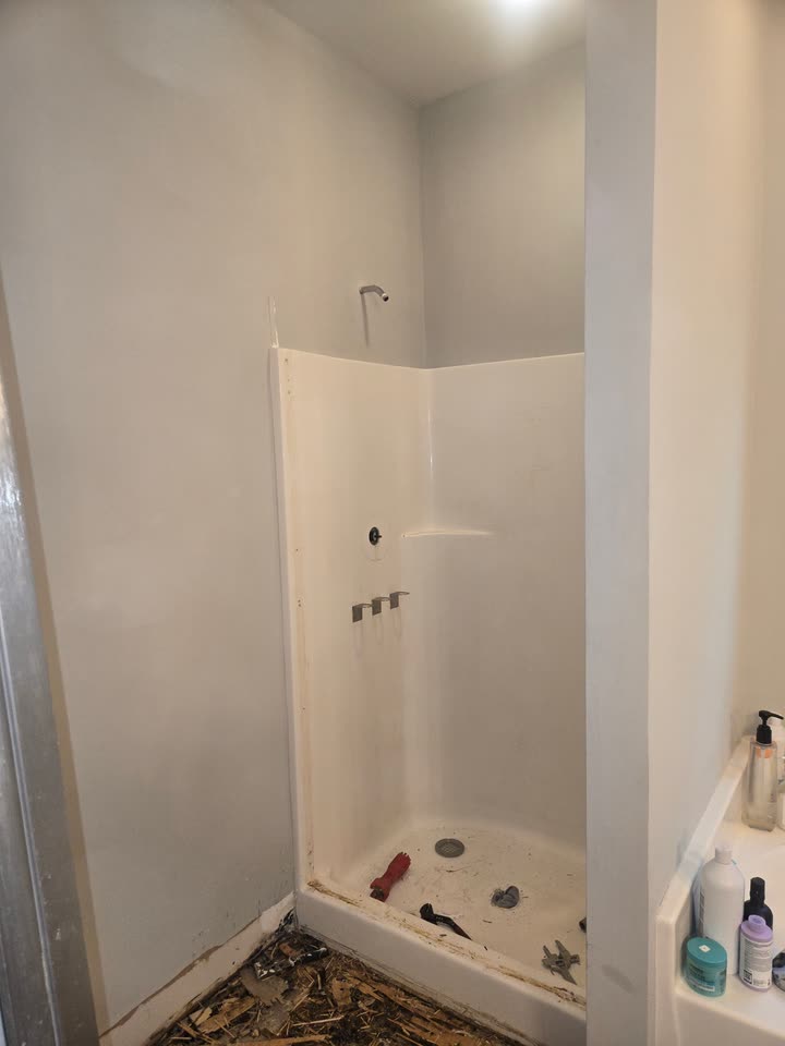 The bathroom on day one: the old fiberglass insert still in place with the subfloor opened up beside it.