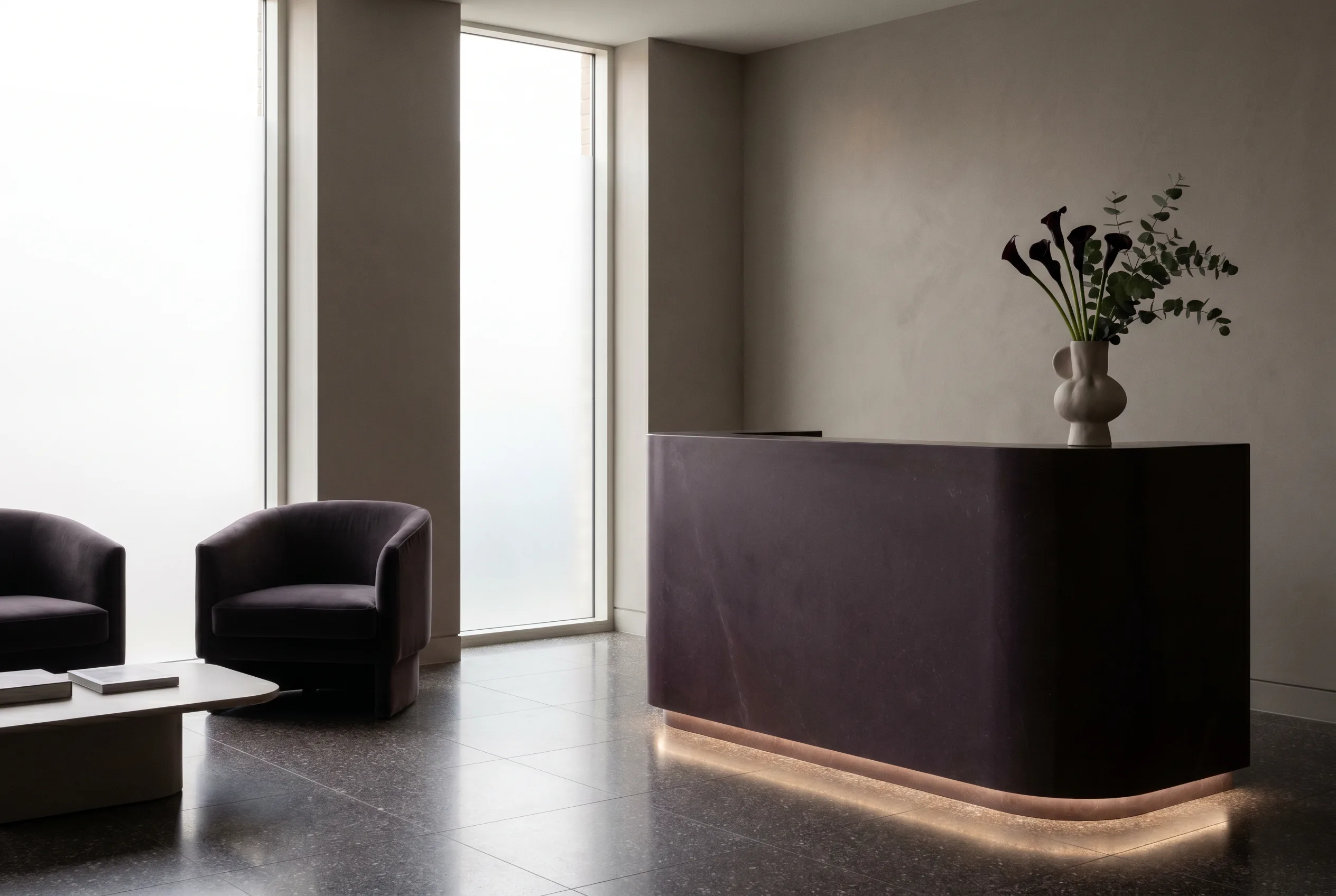 The refined plum-and-grey interior of Salem Plastic Surgery