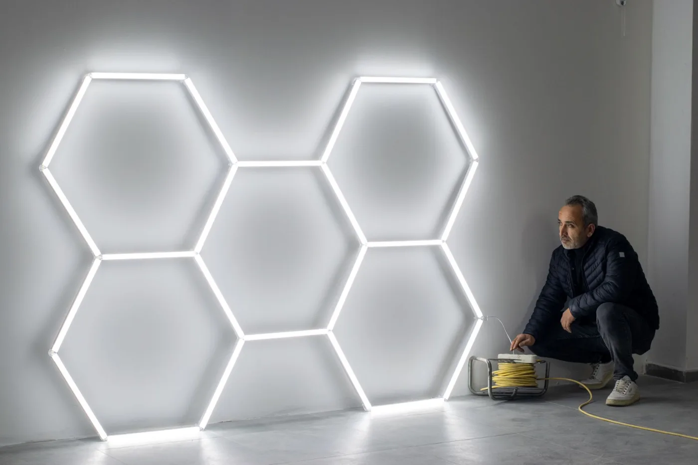 Modern hexagon LED lighting feature installed on a wall