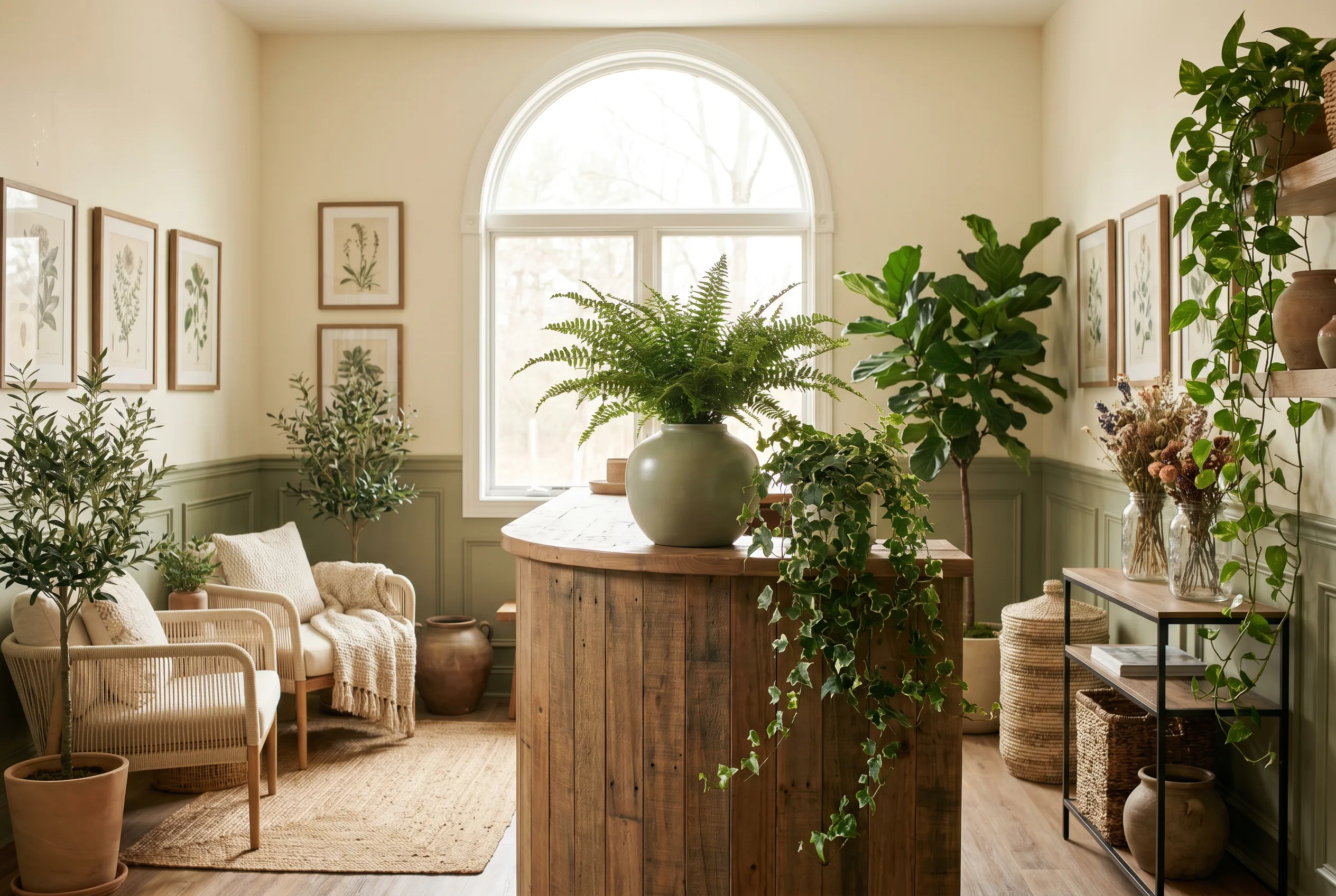The warm sage-and-ivory wellness reception at Southeast Aesthetic + Wellness