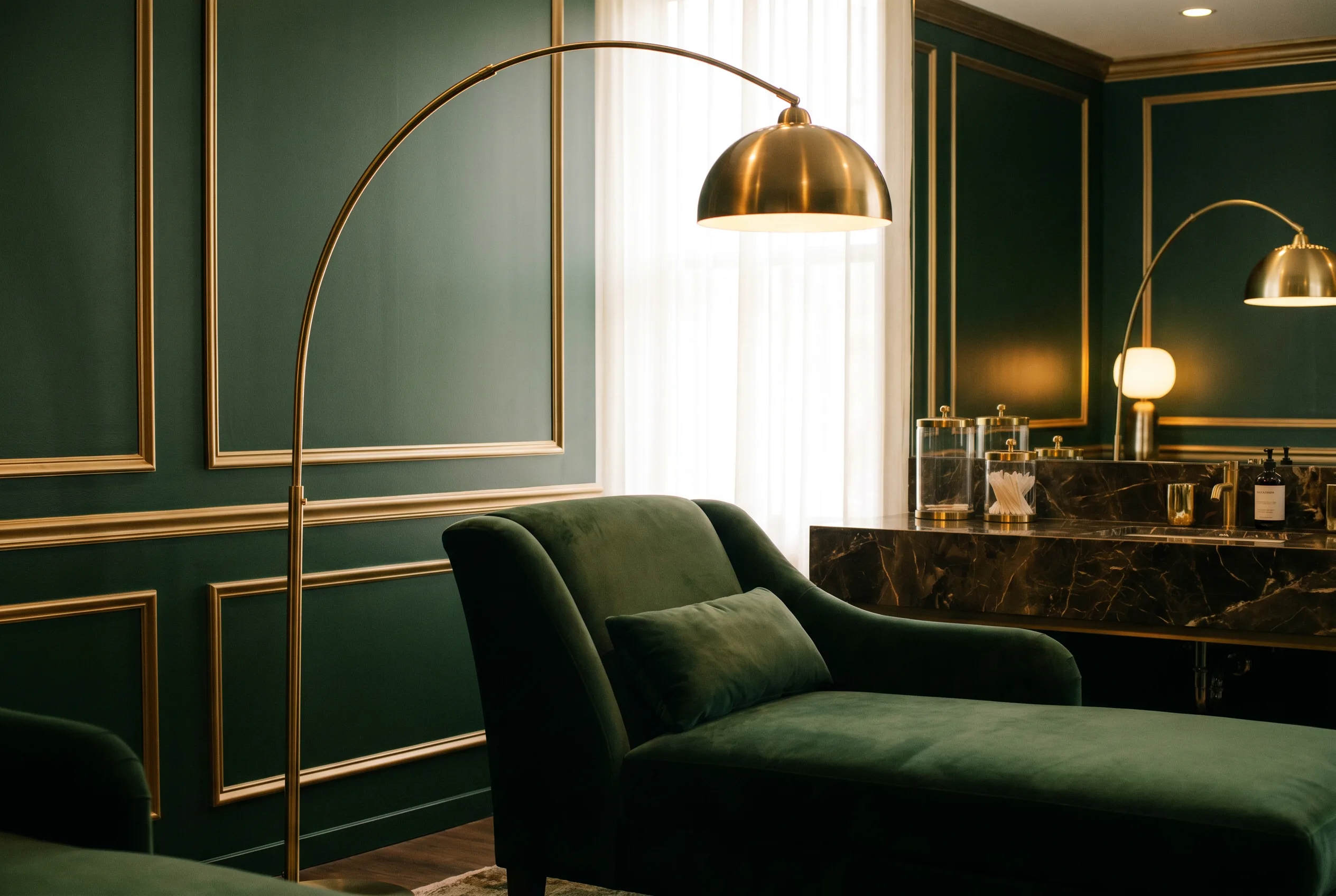 The luxe forest-green and gold interior of Uplift Skin and Body MedSpa